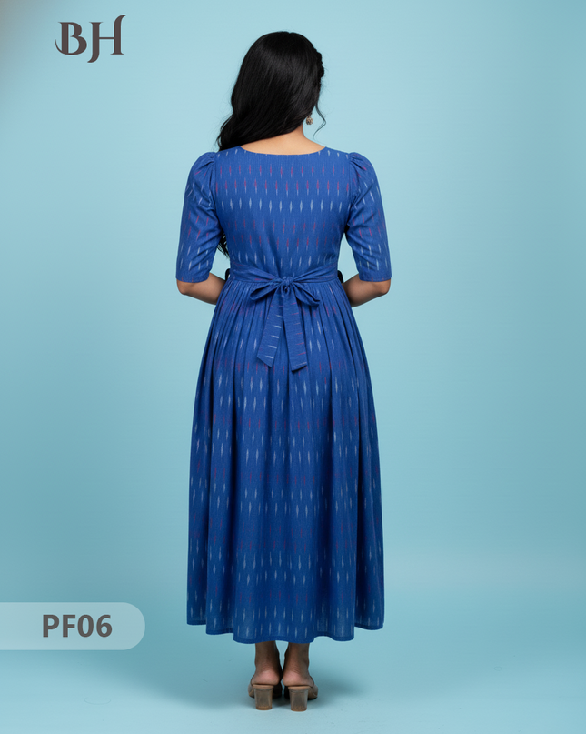 Handcrafted Pochampally Blue Cotton Frock with Knot Detailing – Ethnic Wear for Women