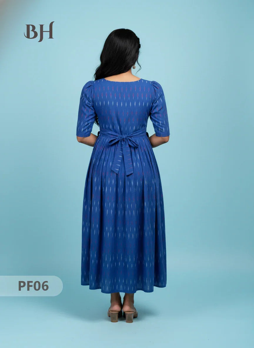 Handcrafted Pochampally Blue Cotton Frock with Knot Detailing – Ethnic Wear for Women