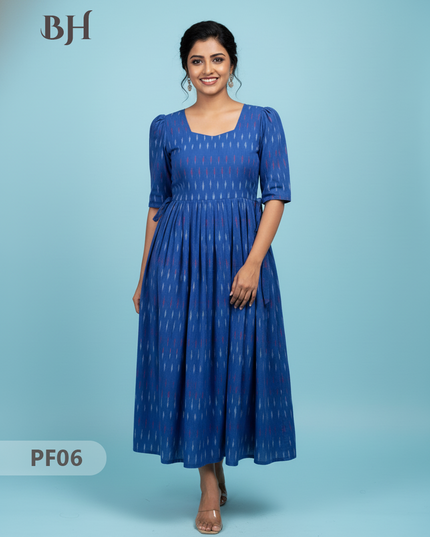 Handcrafted Pochampally Blue Cotton Frock with Knot Detailing – Ethnic Wear for Women