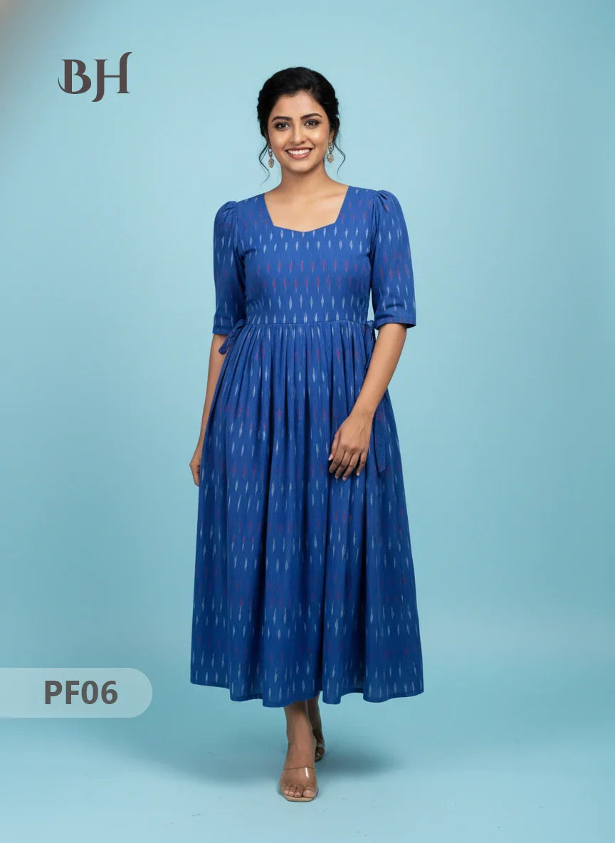 Handcrafted Pochampally Blue Cotton Frock with Knot Detailing – Ethnic Wear for Women