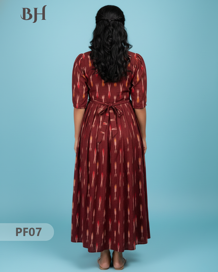 Handcrafted Pochampally Ikkat Maroon Cotton Frock with Knot Detailing – Ethnic Wear for Women