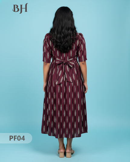 Handcrafted Pochampally Chocolate Colour Cotton Frock with Knot Detailing – Ethnic Wear for Women