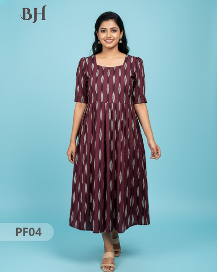 Handcrafted Pochampally Chocolate Colour Cotton Frock with Knot Detailing – Ethnic Wear for Women
