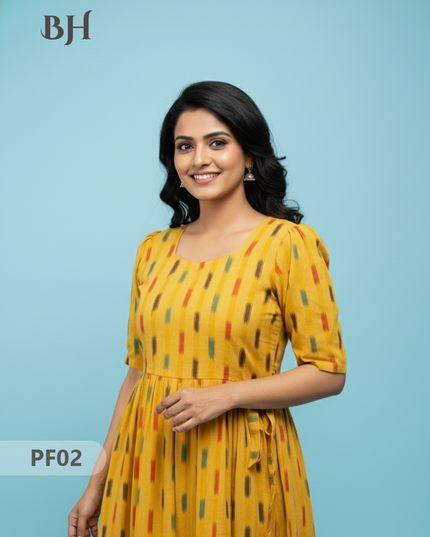 Handcrafted Pochampally Yellow Cotton Frock with Knot Detailing – Ethnic Wear for Women