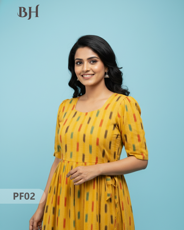 Handcrafted Pochampally Yellow Cotton Frock with Knot Detailing – Ethnic Wear for Women