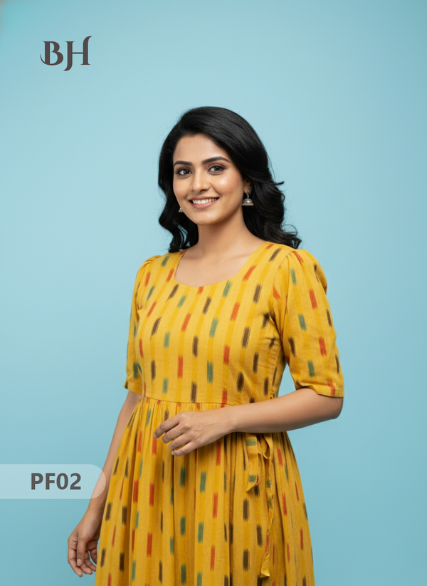 Handcrafted Pochampally Yellow Cotton Frock with Knot Detailing – Ethnic Wear for Women