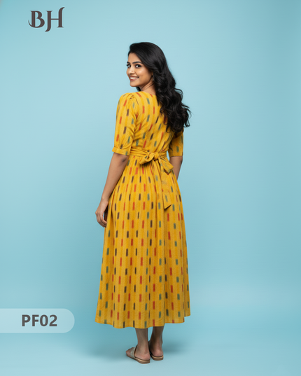 Handcrafted Pochampally Yellow Cotton Frock with Knot Detailing – Ethnic Wear for Women