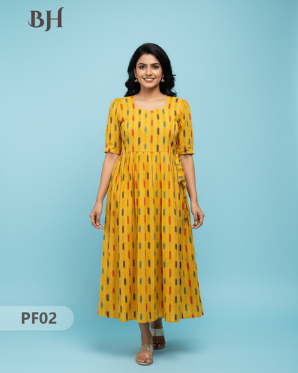 Handcrafted Pochampally Yellow Cotton Frock with Knot Detailing – Ethnic Wear for Women