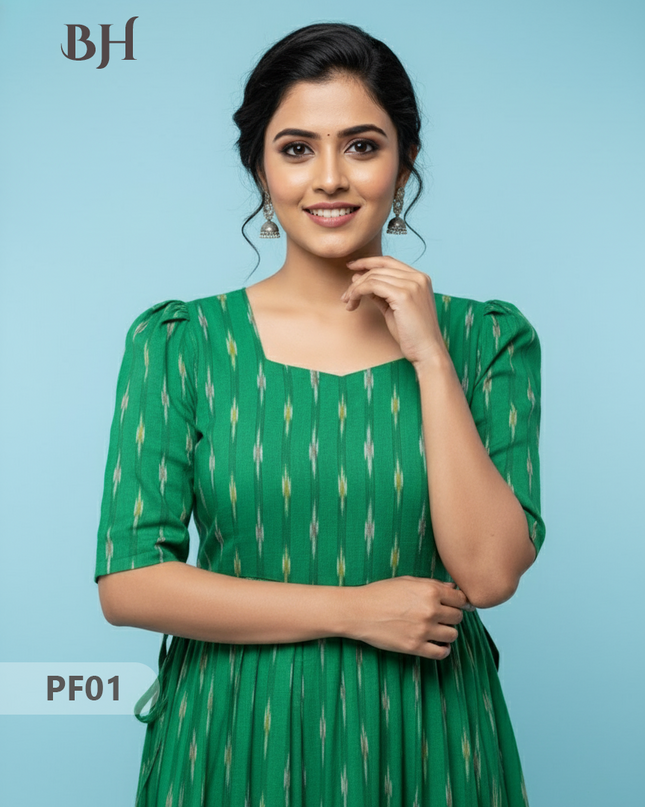 Handcrafted Pochampally Green Cotton Frock with Knot Detailing – Ethnic Wear for Women