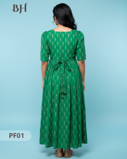 Handcrafted Pochampally Green Cotton Frock with Knot Detailing – Ethnic Wear for Women