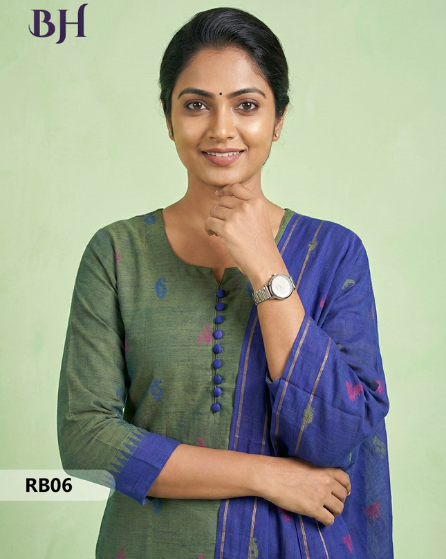 Women’s Handloom Printed Cotton Suit Set with Potli Balls – Blue and Green Double weave Colour