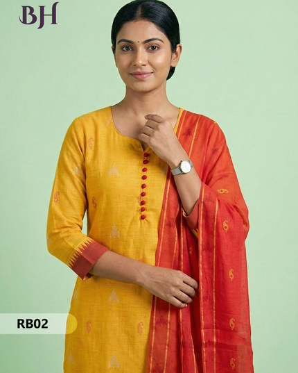 Women’s Handloom Printed Cotton Suit Set with Potli Balls – Orange and Yellow Double weave Colour