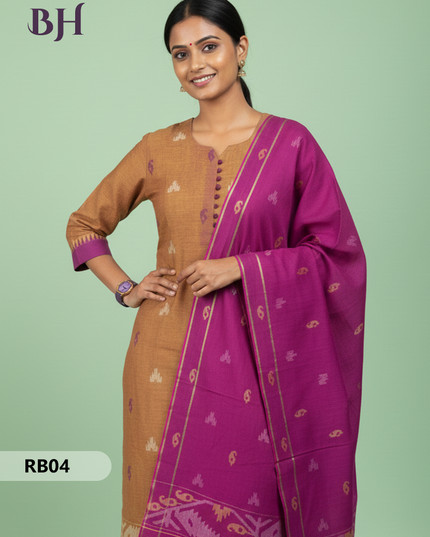Women’s Handloom Printed Cotton Suit Set with Potli Balls – Yellow and Purple  Double weave Colour