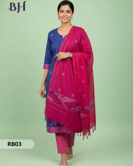 Women’s Handloom Printed Cotton Suit Set with Potli Balls – Blue and Dark Blue Double weave Colour