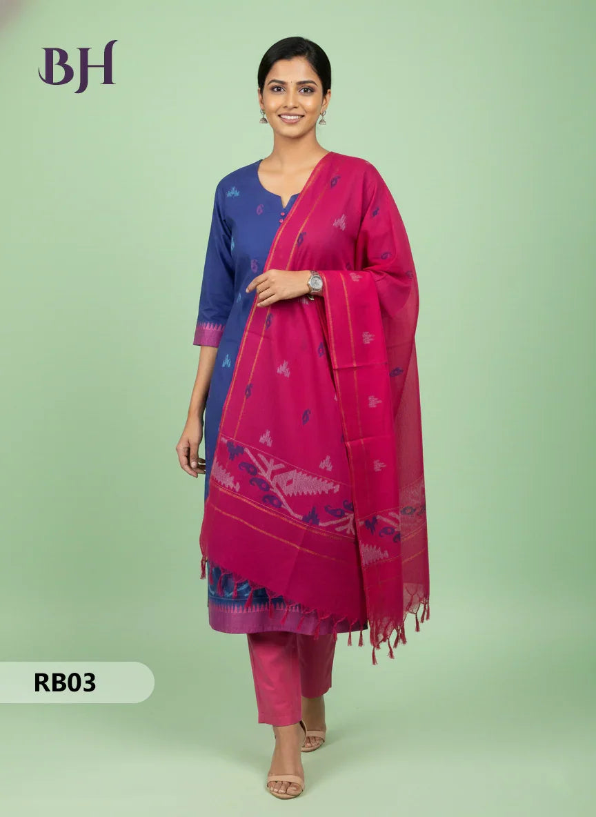 Women’s Handloom Printed Cotton Suit Set with Potli Balls – Blue and Dark Blue Double weave Colour