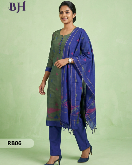Women’s Handloom Printed Cotton Suit Set with Potli Balls – Blue and Green Double weave Colour