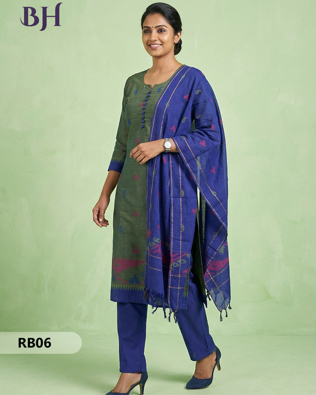 Women’s Handloom Printed Cotton Suit Set with Potli Balls – Blue and Green Double weave Colour