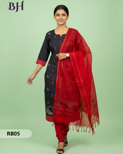 Women’s Handloom Printed Cotton Suit Set with Potli Balls – Black and Black Double weave Colour