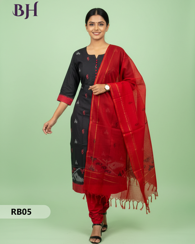 Women’s Handloom Printed Cotton Suit Set with Potli Balls – Black and Black Double weave Colour