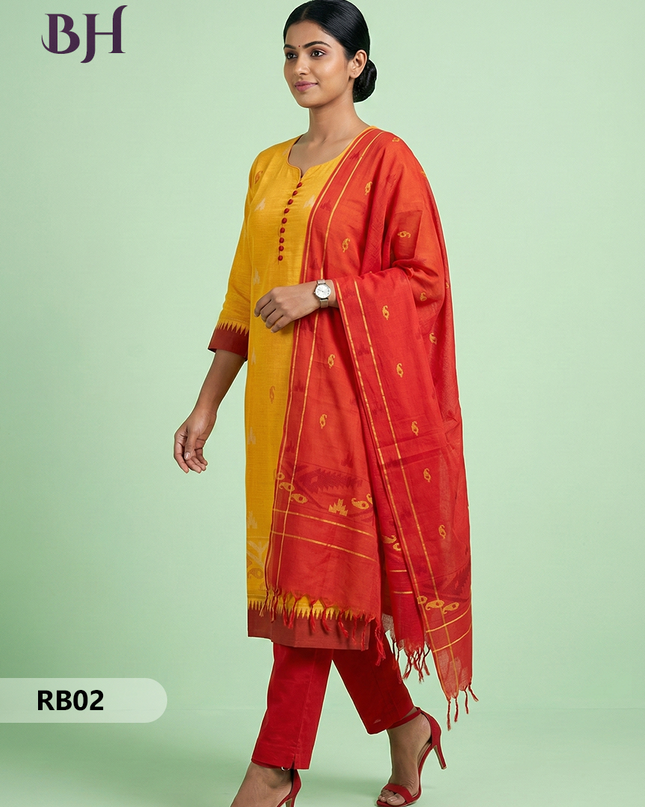 Women’s Handloom Printed Cotton Suit Set with Potli Balls – Orange and Yellow Double weave Colour