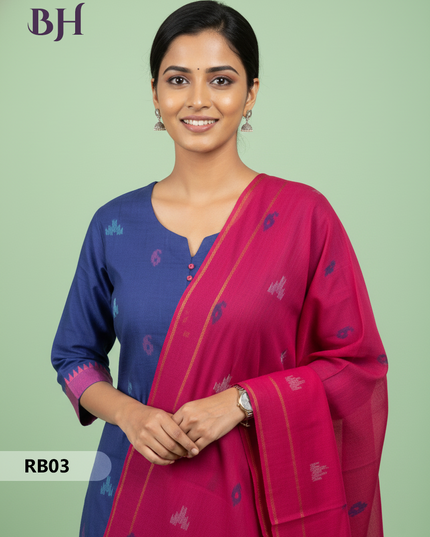 Women’s Handloom Printed Cotton Suit Set with Potli Balls – Blue and Dark Blue Double weave Colour