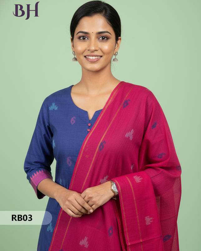 Women’s Handloom Printed Cotton Suit Set with Potli Balls – Blue and Dark Blue Double weave Colour