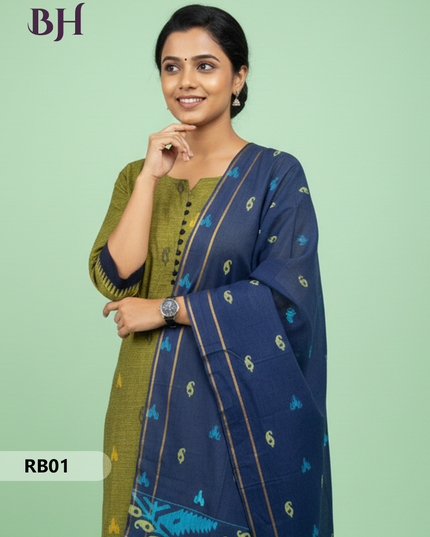 Women’s Handloom Printed Cotton Suit Set with Potli Balls – Black and Green Double weave Colour