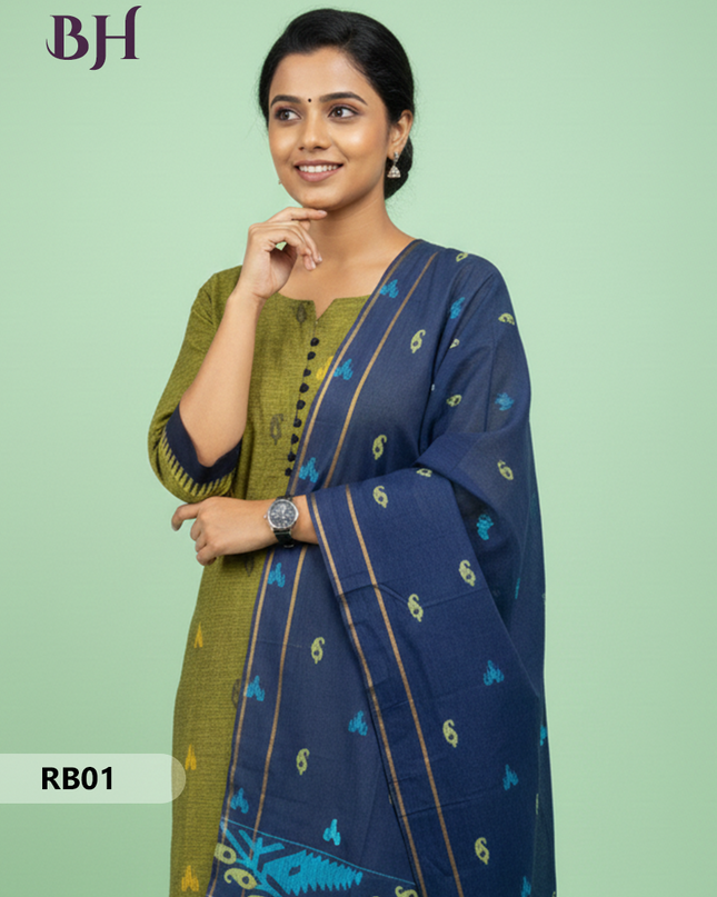 Women’s Handloom Printed Cotton Suit Set with Potli Balls – Black and Green Double weave Colour