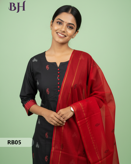 Women’s Handloom Printed Cotton Suit Set with Potli Balls – Black and Black Double weave Colour