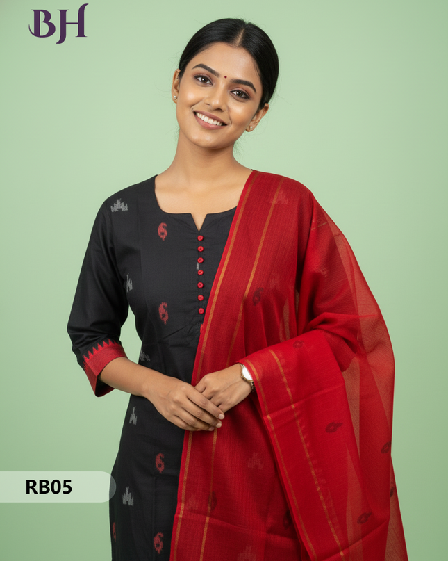 Women’s Handloom Printed Cotton Suit Set with Potli Balls – Black and Black Double weave Colour