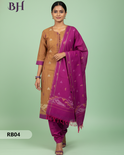 Women’s Handloom Printed Cotton Suit Set with Potli Balls – Yellow and Purple  Double weave Colour