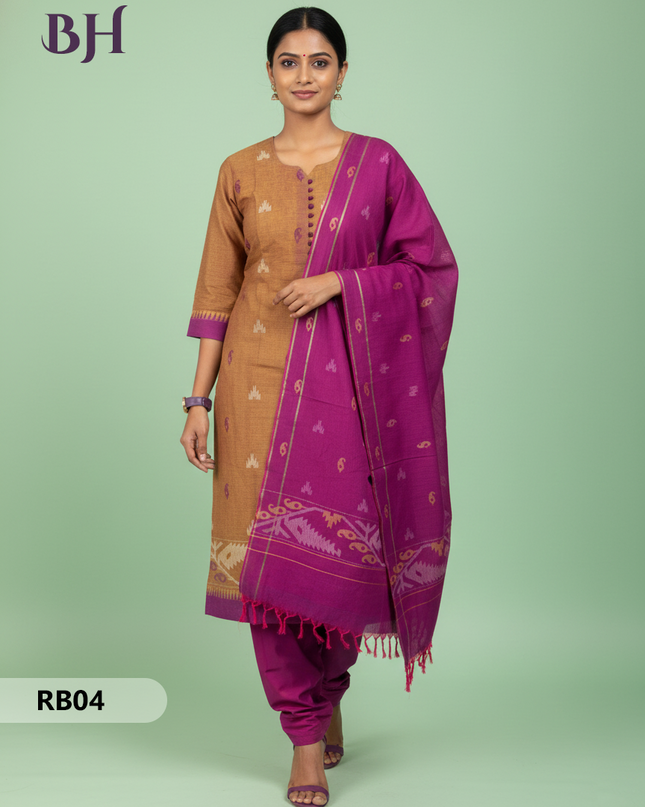 Women’s Handloom Printed Cotton Suit Set with Potli Balls – Yellow and Purple  Double weave Colour