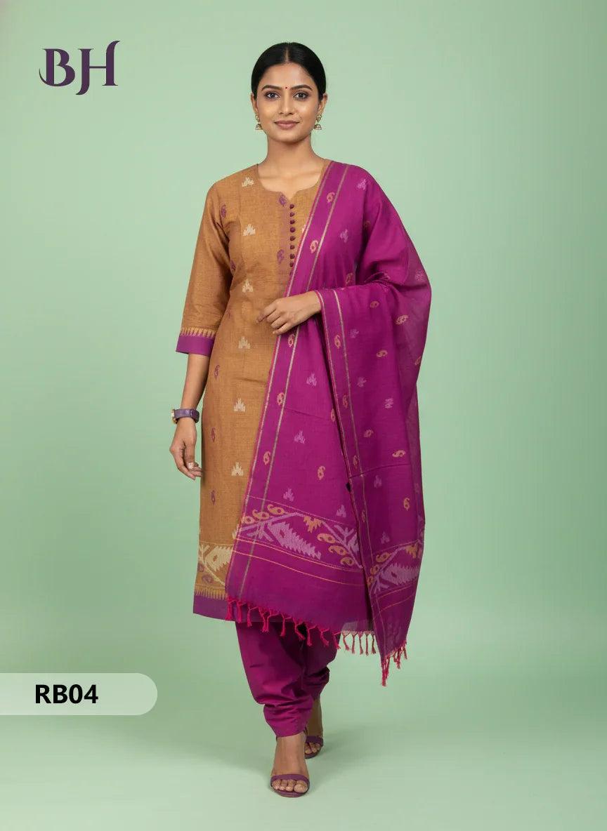 Women’s Handloom Printed Cotton Suit Set with Potli Balls – Yellow and Purple  Double weave Colour