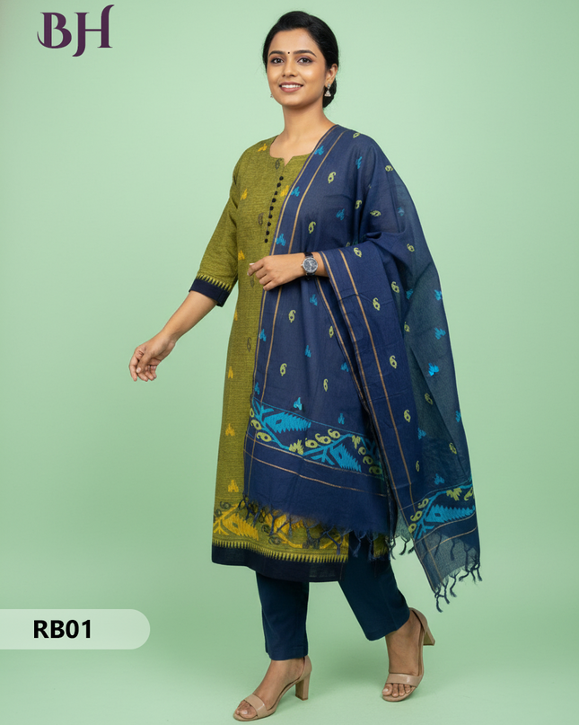 Women’s Handloom Printed Cotton Suit Set with Potli Balls – Black and Green Double weave Colour