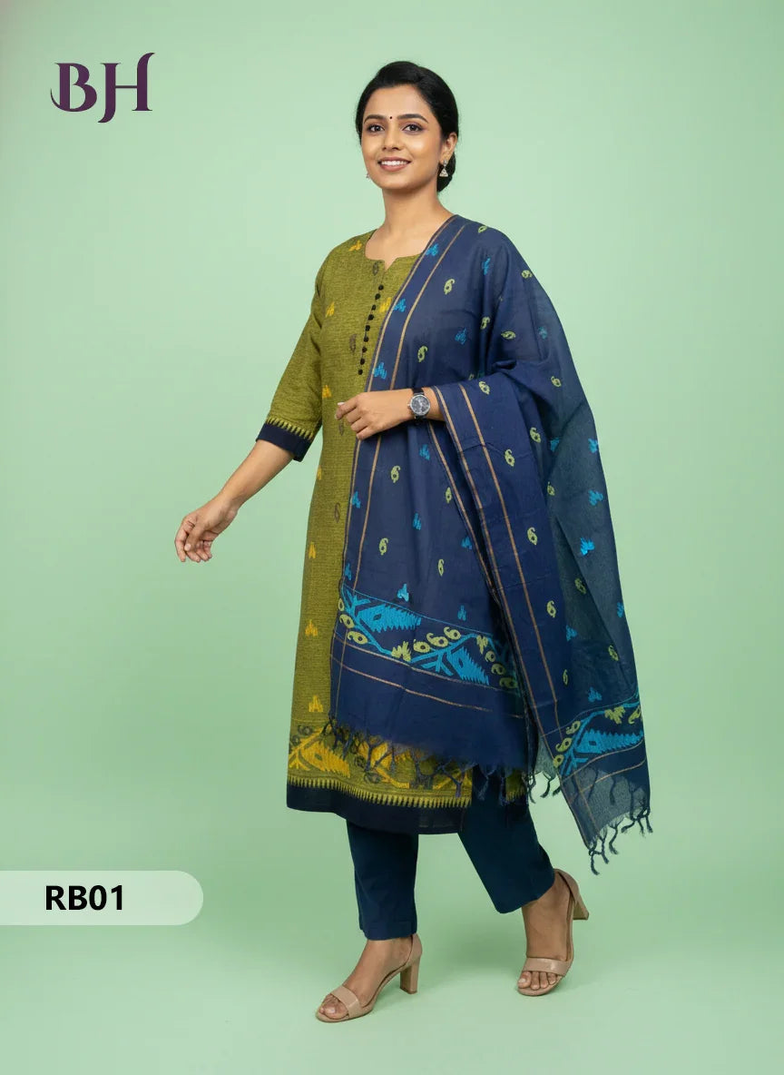 Women’s Handloom Printed Cotton Suit Set with Potli Balls – Black and Green Double weave Colour
