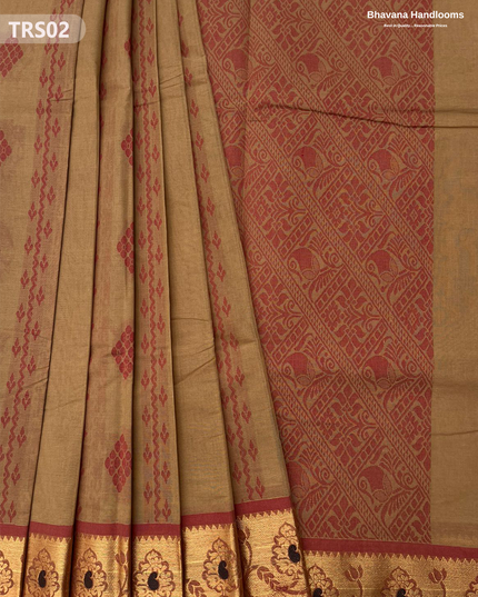 South Indian Premium Handloom Zari Border Saree with Rich Pallu – Dark Brown