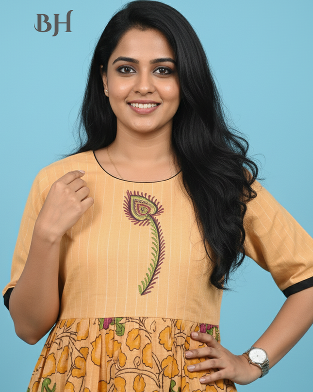 Cotton Long Frock with Peach Orange Colour