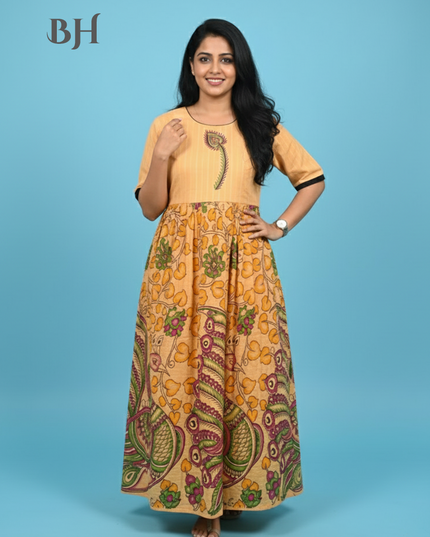 Cotton Long Frock with Peach Orange Colour