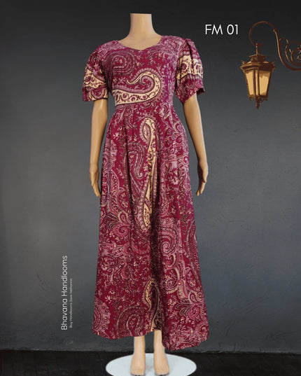 Premium Mul Cotton Frock Wine – Puff Sleeve Design with Knots, Zero Shrinkage