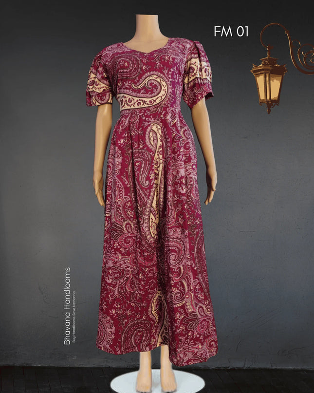 Premium Mul Cotton Frock Wine – Puff Sleeve Design with Knots, Zero Shrinkage