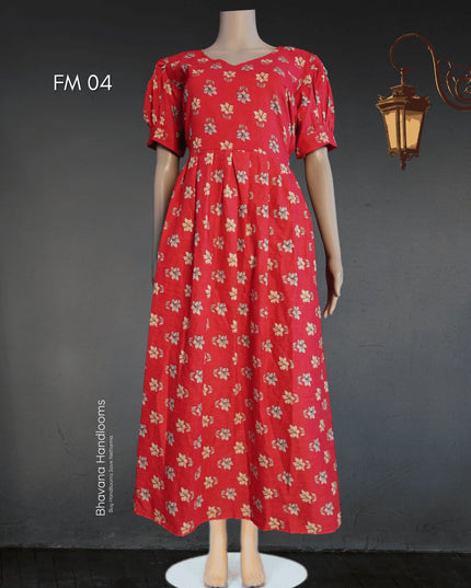 Premium Mul Cotton Frock Red – Puff Sleeve Design with Knots, Zero Shrinkage