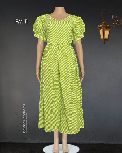Premium Mul Cotton Frock Parrot Green – Puff Sleeve Design with Knots, Zero Shrinkage