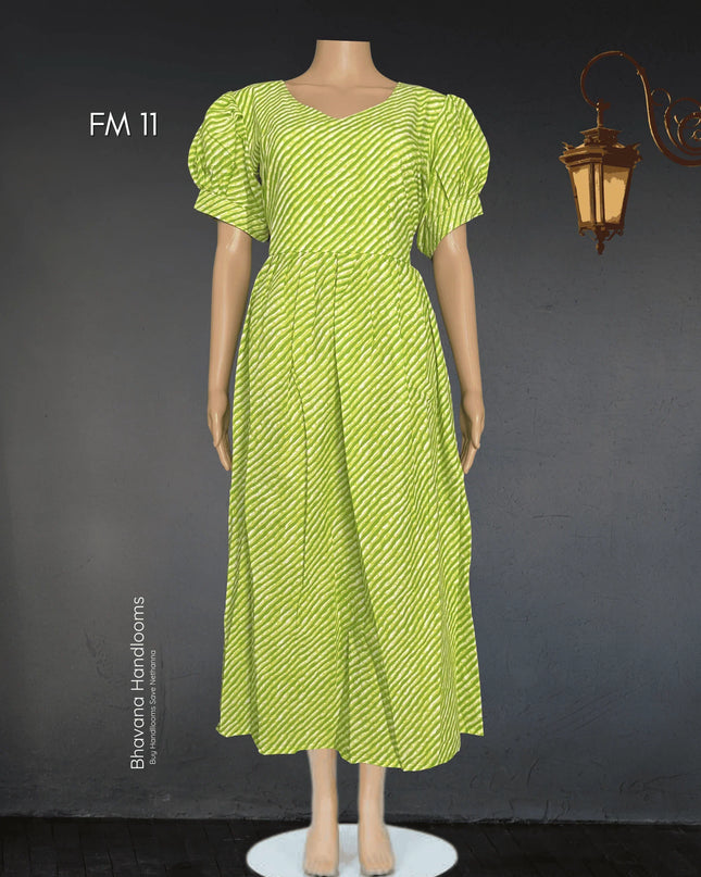 Premium Mul Cotton Frock Parrot Green – Puff Sleeve Design with Knots, Zero Shrinkage