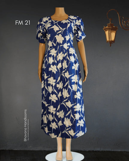 Mul Cotton Frock with Royal Blue colour Puff hands with Knots & Zero Shrinkage