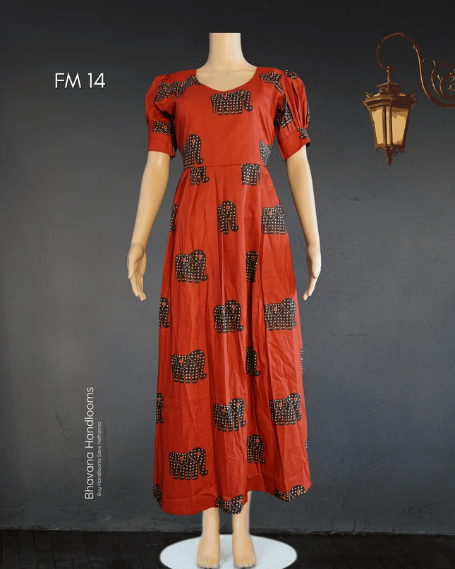Premium Mul Cotton Frock Red – Puff Sleeve Design with Knots, Zero Shrinkage