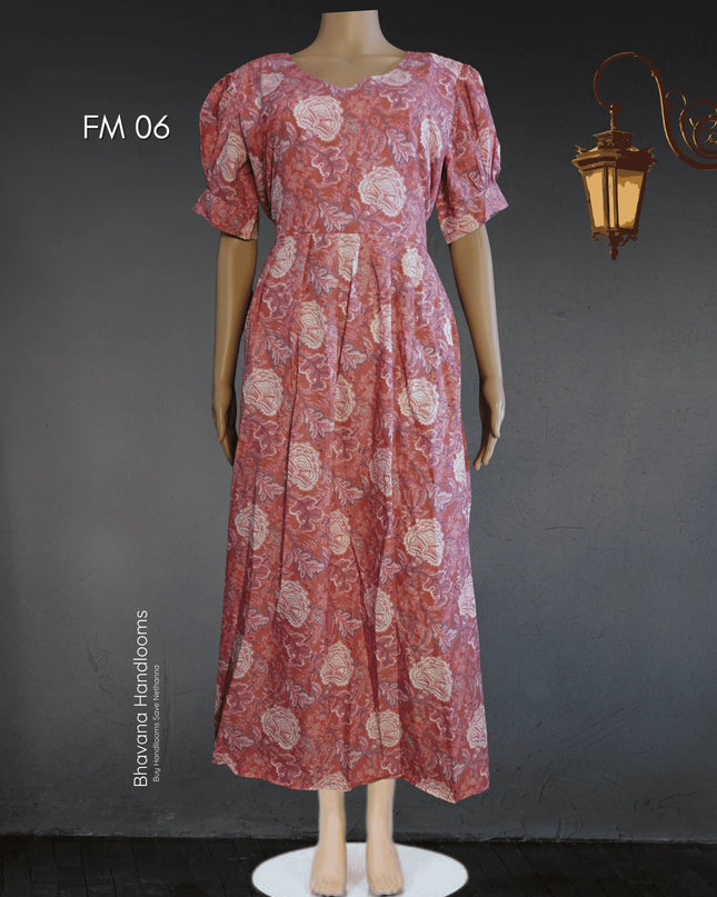 Premium Mul Cotton Frock Grey Pink – Puff Sleeve Design with Knots, Zero Shrinkage