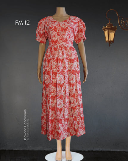 Premium Mul Cotton Frock Brunt Red – Puff Sleeve Design with Knots, Zero Shrinkage