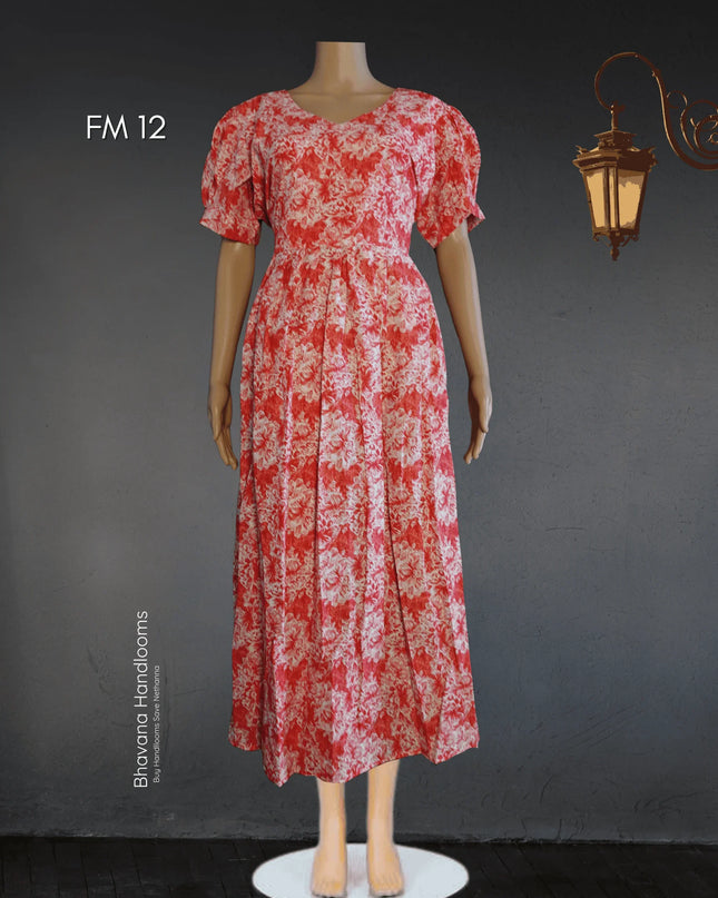 Premium Mul Cotton Frock Brunt Red – Puff Sleeve Design with Knots, Zero Shrinkage