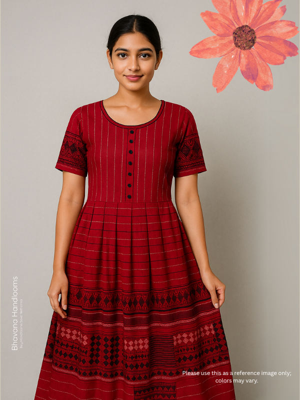 Handloom Cotton Frock with Red Color