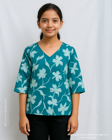 Children Mul Fabric Short Top Sky Blue with Floral print